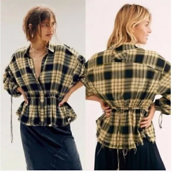NEW $118 Free People Pacific Dawn Plaid Shirt XS Black - Picture 2 of 15